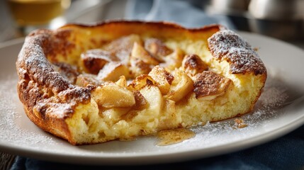Dutch Pancake. Baked Apple Battercake Dessert with Sweet Sugar Topping