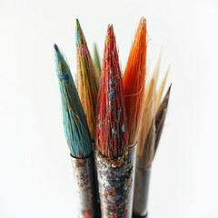 Fototapeta premium A bundle of artisan paintbrushes with visible dried paint, great for art branding, portfolios, and creative design projects.