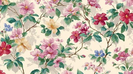 Delicate watercolor floral pattern with pastel pink, yellow, blue, and red flowers, interwoven with green leaves on a light cream background. Hand painted brushstrokes .
