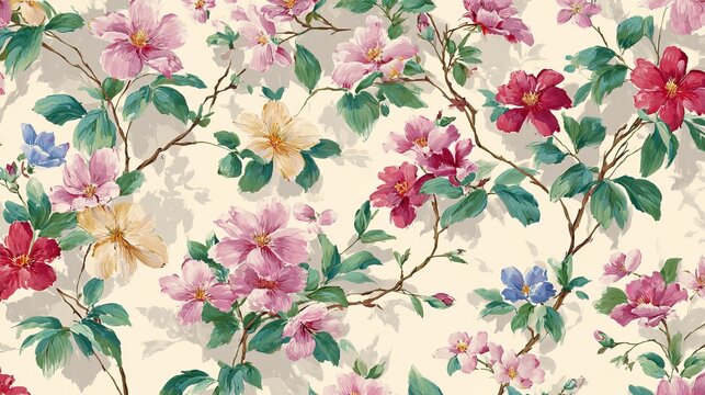 Delicate watercolor floral pattern with pastel pink, yellow, blue, and red flowers, interwoven with green leaves on a light cream background. Hand painted brushstrokes .