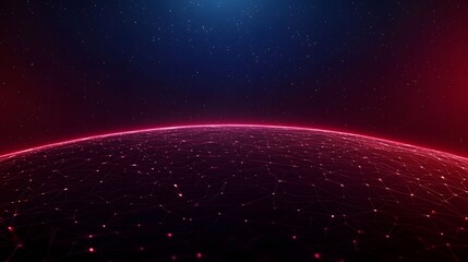 Obraz premium The image displays a digital network with red glowing nodes and lines forming a curved surface against a backdrop of a star-filled, gradient sky in hues of blue and red.