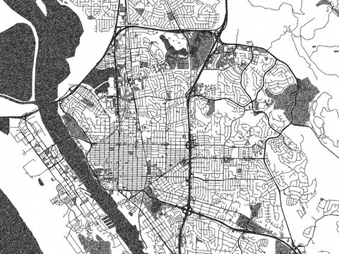 Poster-ready illustration map of Vallejo, California, in black and white hand-drawn style.