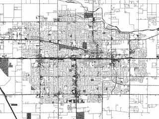 Illustrated city map of Visalia, California, in black and white, combining detailed grids with shaded textures.