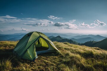 Green tent set up on a grassy mountain peak with cloudy sky