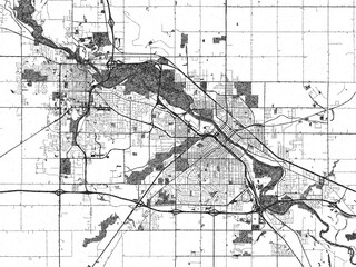 Obraz premium Stylized illustration of Waterloo, Iowa, showing its roads and neighborhoods in sketch-like black and white.