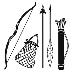 A collection of traditional hunting and fishing equipment including a bow and arrow quiver arrows a net and a spear presented in a clean silhouette style on a white background