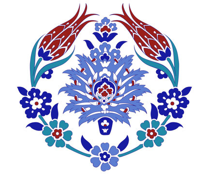 Traditional Turkish Iznik tile pattern with floral and geometric motifs, seamless ornamental background for interior, textile and ceramic design.