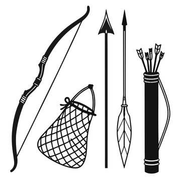A collection of traditional hunting and fishing equipment including a bow and arrow quiver arrows a net and a spear presented in a clean silhouette style on a white background