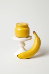Banana Puree in Jar with Fresh Banana on White Background.