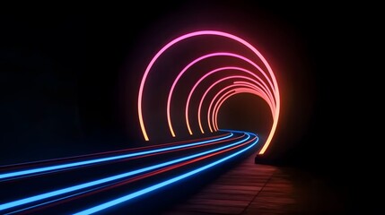 The image showcases an abstract neon tunnel design with concentric pink and orange arches and glowing blue and red lines along the ground in a dark, digital space.