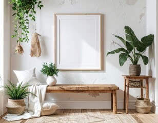 Boho Interior with Blank Frame Plants and Wooden Bench.