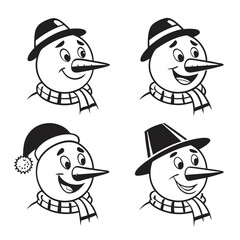 Collection of four cheerful cartoon snowman faces with different hats and scarves perfect for winter holiday designs and illustrations