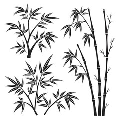 Elegant black silhouette of bamboo plants and branches with delicate leaves on a white background representing nature and tranquility in a minimalist style