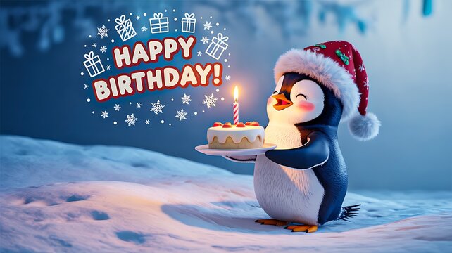 Cute penguin in santa hat holding birthday cake with candle and snow background - Powered by Adobe