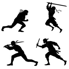 Four dynamic black silhouette illustrations of ninjas in action poses wielding swords and daggers against a clean white background perfect for martial arts and combat themes