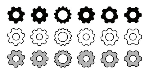 Cog setting vector icon set. Gear symbols in different styles isolated on white background. 