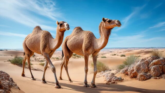 Two camels slowly walk through the sandy desert. The footage perfectly conveys the atmosphere of distant travels and hot climate. Ideal for projects about travel, nature and wild life.
