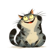 A cartoon style image of a gray and white tabby cat with a big smile and wide yellow eyes sitting down