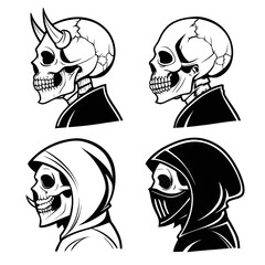 Four stylized skull illustrations in profile featuring a horned demon skull a classic skull a hooded skull with a fang and a masked hooded skull all in black and white vector art