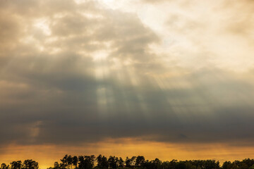 Sun rays break through dramatic clouds at sunset with dark forest silhouette in background. Sweden.