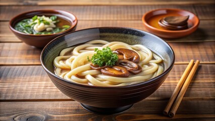 Photo of a steaming bowl of udon noodle soup with shiitake mushrooms and green onions, served in a dark ceramic bowl.