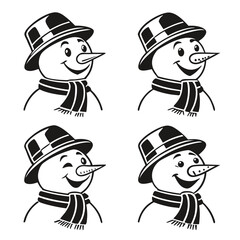 Four cheerful black and white snowman illustrations wearing hats and scarves each with a slightly different happy expression perfect for winter holiday designs