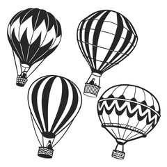 Naklejka premium Four black and white hot air balloons with different patterns and baskets float across a white background suggesting travel and adventure