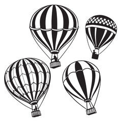 Obraz premium A collection of four black and white hot air balloons with distinct patterns and baskets floating against a white background suggesting travel and adventure
