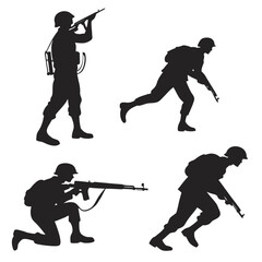 Silhouette of four soldiers in various combat poses holding rifles and wearing helmets and backpacks isolated on a white background
