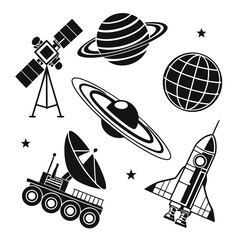 A collection of black and white silhouette icons representing space exploration and celestial bodies including a telescope planets a satellite dish a rover a rocket and stars © Forida
