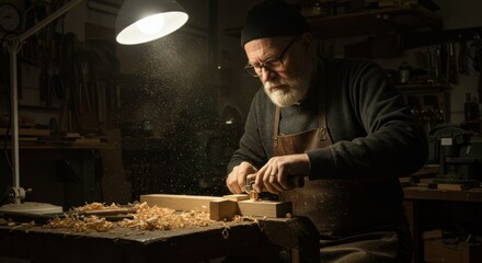 Senior craftsman shaping wood using plane in workshop