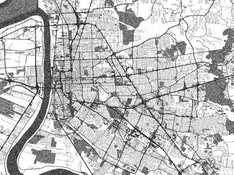 Minimal city map illustration of Baton Rouge, Louisiana, in hand-drawn style monochrome with strong gridlines and shaded areas.