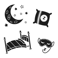 Whimsical collection of sleep related icons including a crescent moon with stars a pillow with a z symbol a bed and a sleep mask on a white background