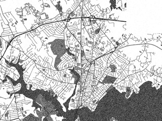 Obraz premium Illustrated city map of Beverly, Massachusetts, in black and white, combining detailed grids with shaded textures.