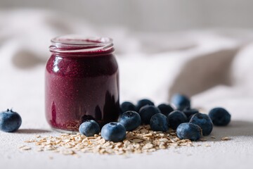 Blueberry Smoothie Jar with Oats and Fresh Blueberries.