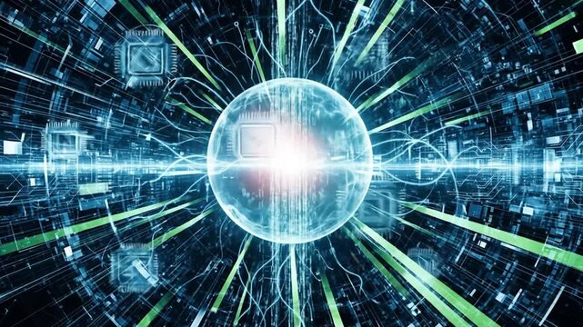 Abstract blue and green digital sphere with integrated circuits