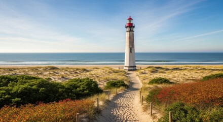 Coastal Lighthouse Guards Sandy Beach Horizon Under Clear Blue Sky