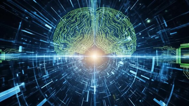 Abstract digital brain network in a futuristic light tunnel