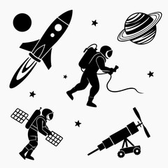 Black silhouette icons of astronauts a rocket a satellite a planet a telescope and stars in a cosmic space scene on a white background