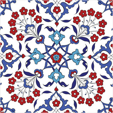 Traditional Turkish Iznik tile pattern with floral and geometric motifs, seamless ornamental background for interior, textile and ceramic design.