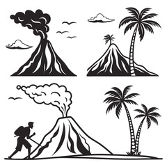 Collection of stylized black and white illustrations depicting active volcanoes tropical palm trees birds in flight and a silhouette of a hiker exploring a volcanic landscape