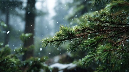 Obraz premium Serene forest scene with snow falling on pine branches creating a winter wonderland