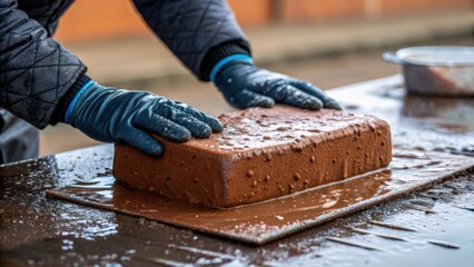 A person is skillfully shaping a large piece of chocolate dessert on a wooden surface. The outdoor setting showcases a quaint atmosphere with natural light enhancing the process
