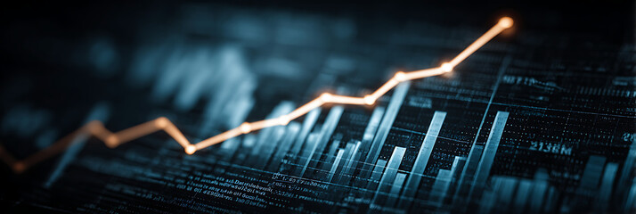 A glowing line graph showing a positive upward trend over a digital bar chart. A concept for financial growth, stock market success, and data analysis.
