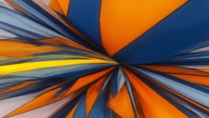 Abstract painting with sharp orange blue and yellow geometric shapes radiating outwards - Powered by Adobe