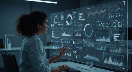 Analyst works with data on large screen in a modern office at night.
