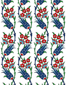 Traditional Turkish Iznik tile pattern with floral and geometric motifs, seamless ornamental background for interior, textile and ceramic design.