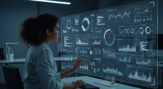 Analyst works with data on large screen in a modern office at night. - Powered by Adobe