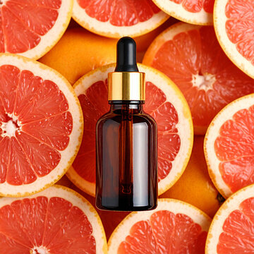 Frasco de vidro &acirc;mbar com uma pipeta dourada, vista por cima, abaixo do frasco Grapefruit, Toranjas em Peda&ccedil;os, Aromaterapia, &Oacute;leo Essencial de Grapefruit