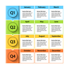 Infographic template. Quarterly calendar with months and 12 steps